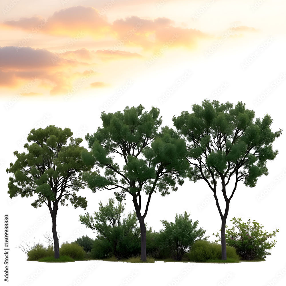 Fototapeta premium Cotinus obovatus trees sunset frontal set (American Smoketree, Chittamwood Smokebush, Smoke Tree, Texas Smoke Tree, Wild Smoke Tree) isolated png on a transparent background premium cutout