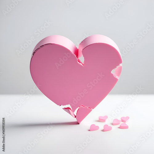 A pink heart-shaped piece broken on a light background symbolizing love, heartbreak, and emotional struggles in relationships with a modern, blurred tone and empty space for captions