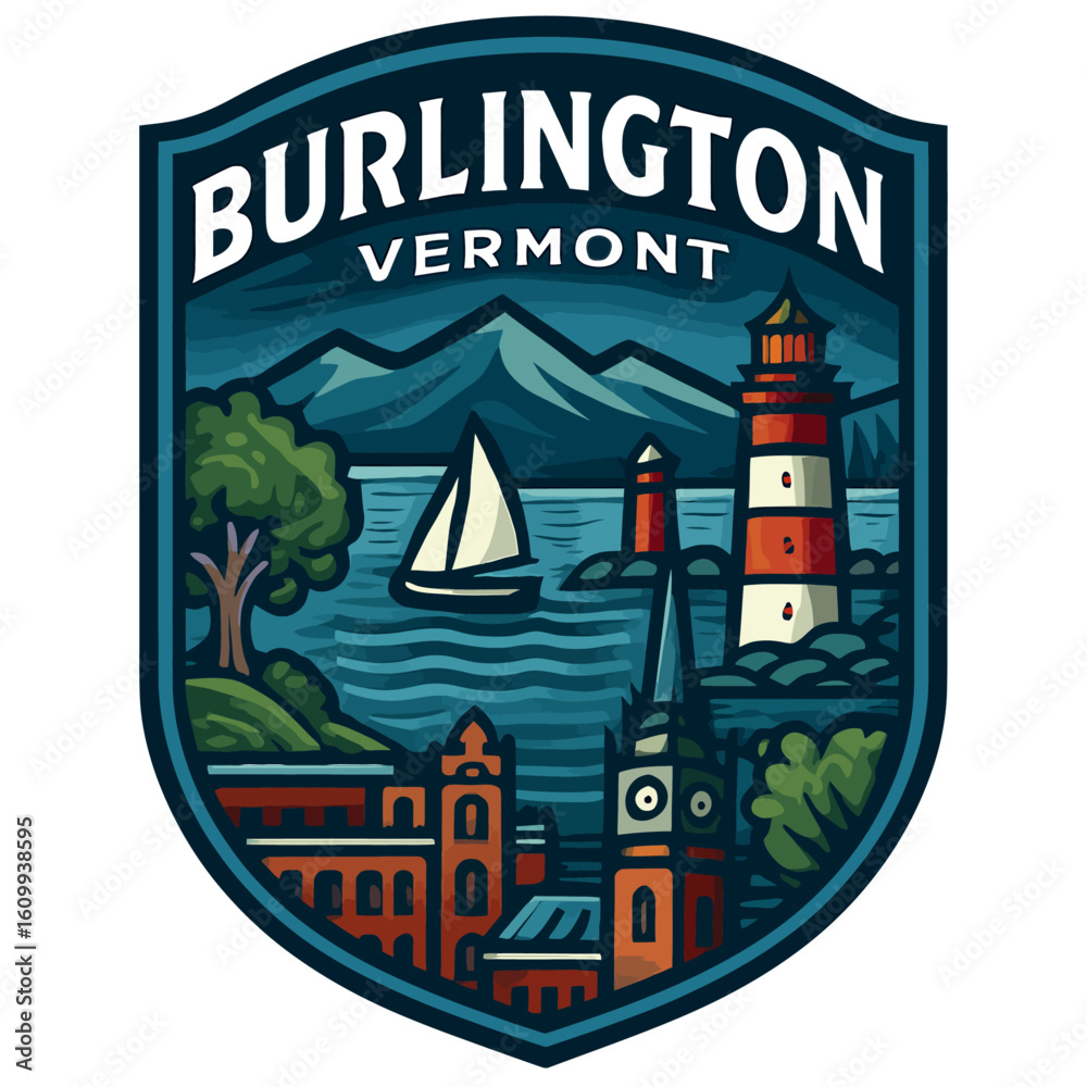 Fototapeta premium A colorful illustration showcasing Burlington, Vermont, with its iconic landmarks and scenery. USA city vector badge – flat style design emblem label sticker, transparent background