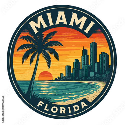 A stunning Miami sunset over the beach, palm tree, and city skyline in a retro style. USA city vector badge – flat style design emblem label sticker, transparent background