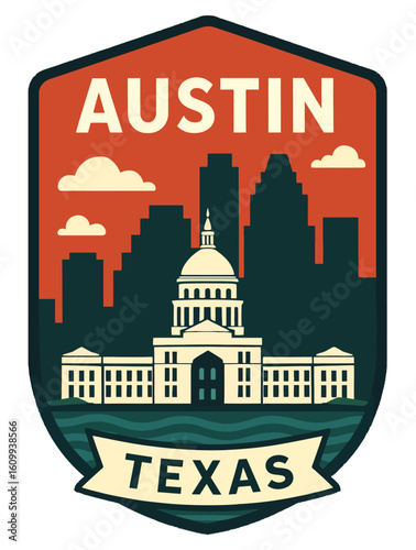 Austin, Texas, illustration features the capitol building and skyline in a retro design. USA city vector badge – flat style design emblem label sticker, transparent background