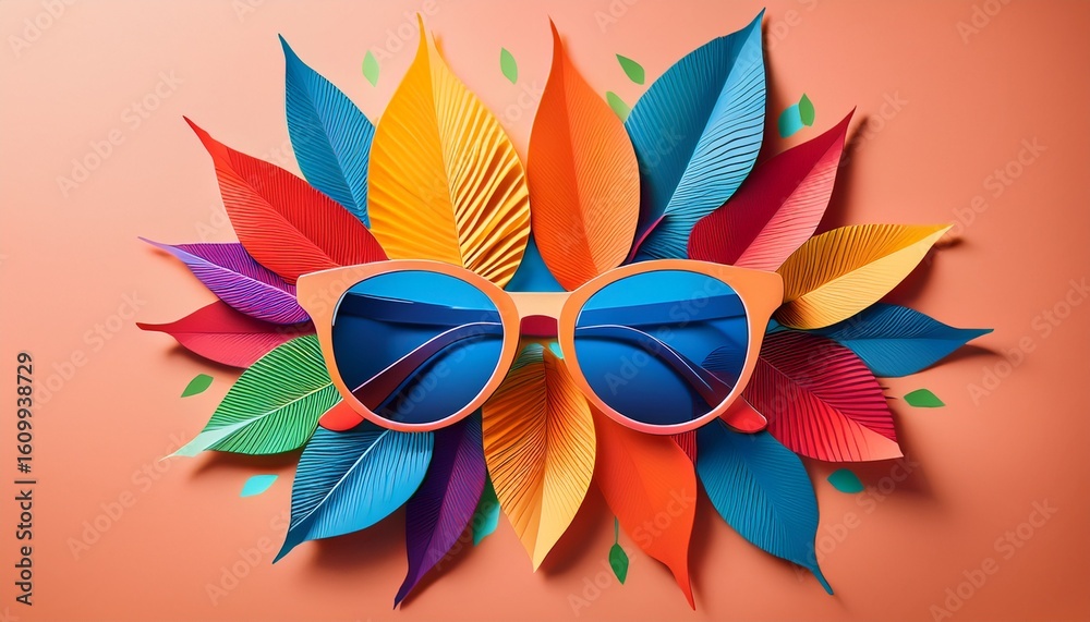 Obraz premium a vibrant paper collage showcases stylish sunglasses surrounded by cheerful colorful paper leaves evoking the spirit of a trendy summer vacation in a playful aesthetic
