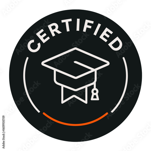 A graphic illustration of a certified badge with a graduation cap symbol. Modern flat vector sticker label with icon and badge style, UI design, transparent background