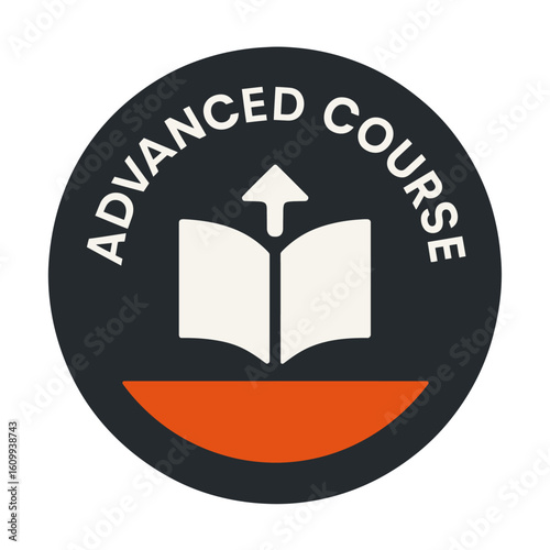 The badge represents an advanced course, perfect for educational initiatives. Modern flat vector sticker label with icon and badge style, UI design, transparent background