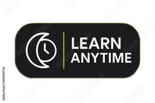 The logo presents anytime learning with a moon and clock, perfect for education. Modern flat vector sticker label with icon and badge style, UI design, transparent background