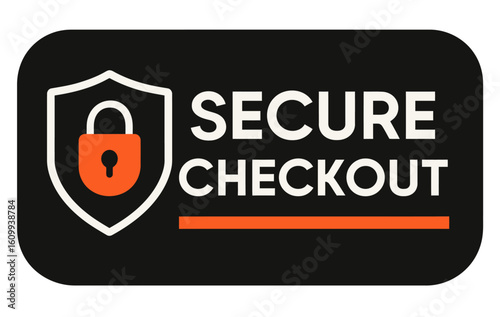 Secure checkout graphic, emphasizing online payment protection and safety. Modern flat vector sticker label with icon and badge style, UI design, transparent background