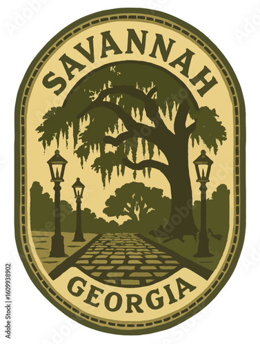 This vintage-style emblem captures the essence of Savannah, Georgia, with a picturesque scene. USA city vector badge – flat style design emblem label sticker, transparent background