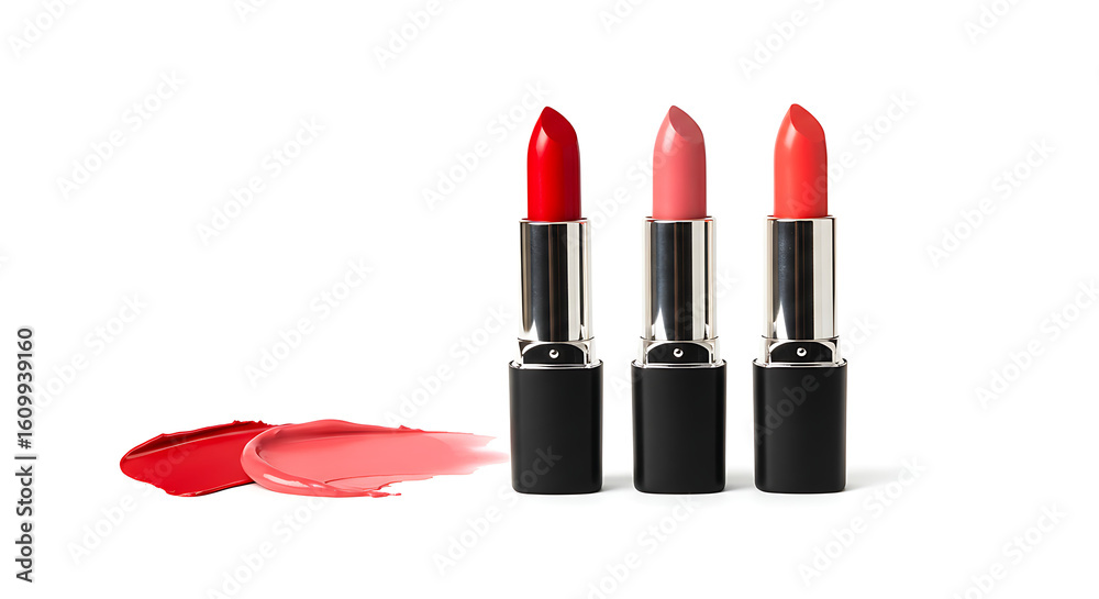 Obraz premium Vibrant lipsticks and swatches, perfect for beauty, cosmetics, and makeup advertising campaigns