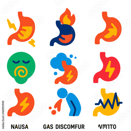 Gastrointestinal Icons Set. Flat vector icons of gastrointestinal symptoms: stomach ache icon, bloating symbol, heartburn flame,