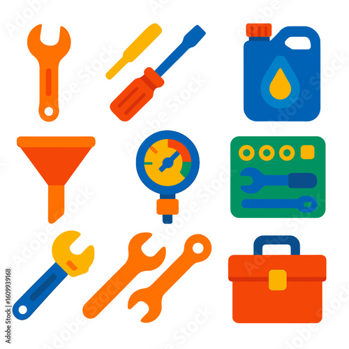 Car Maintenance Tools Icons. Flat vector icons of basic car maintenance tools: wrench icon, screwdriver tool, oil canister, funnel