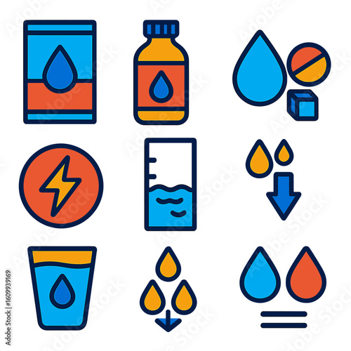 Hydration Essentials Icons. Flat vector icons of hydration and electrolyte balance: oral rehydration pack, electrolyte drink