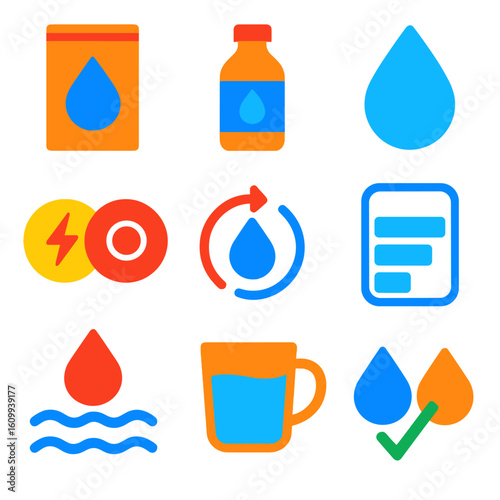 Hydration Essentials Icons. Flat vector icons of hydration and electrolyte balance: oral rehydration pack, electrolyte drink