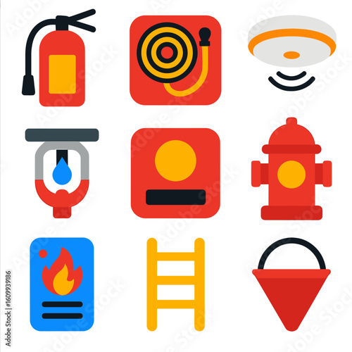 Fire Safety Icons. Flat vector icons of fire safety equipment: fire extinguisher, fire hose reel, smoke detector, sprinkler head,