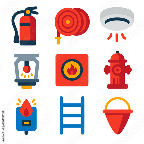 Fire Safety Icons. Flat vector icons of fire safety equipment: fire extinguisher, fire hose reel, smoke detector, sprinkler head,