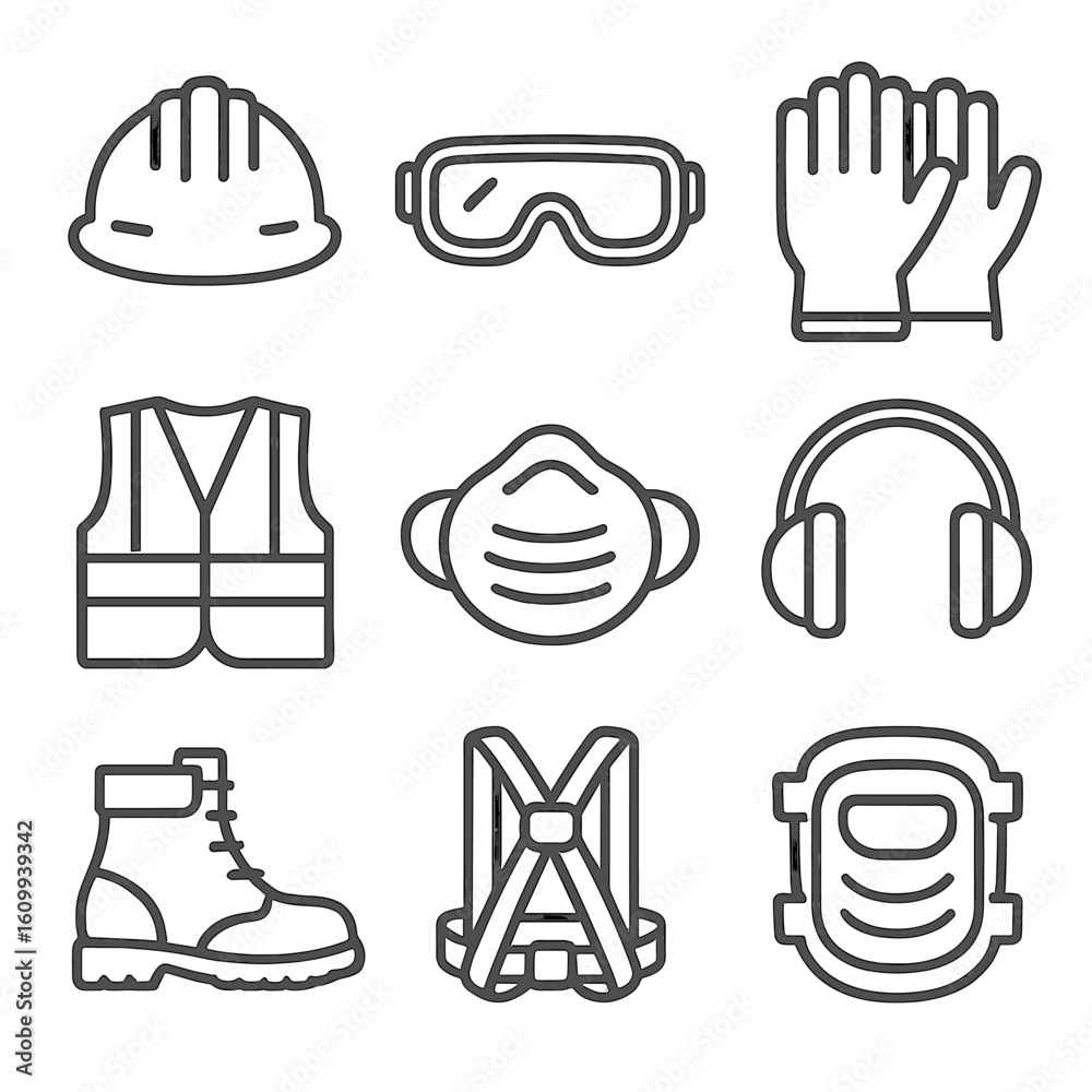 Fototapeta premium Safety Equipment Icons. Line style icons of safety equipment: hard hat, safety goggles, work gloves, safety vest, dust mask, ear