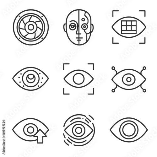 Cybernetic Eye Icons. Line style icons of cybernetic and robotic eyes: mechanical iris, robotic face with eye, artificial vision
