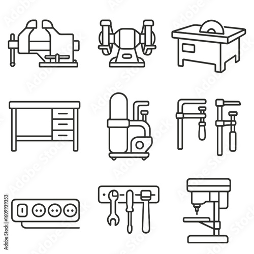 Workshop Tool Icons. Line style icons of workshop tools: bench vise, bench grinder, table saw, workbench, dust collector, clamps