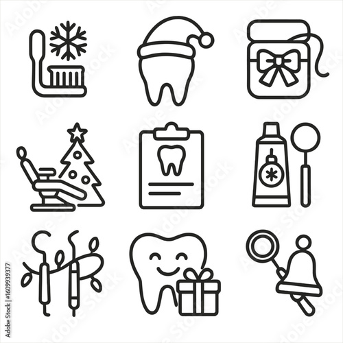 Holiday Dental Icons. Line style icons of holiday dental care: toothbrush with snowflake, tooth with Santa hat, floss pack with