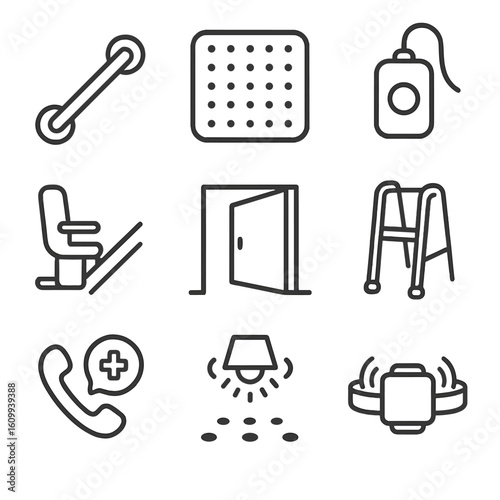 Elderly Safety Icons. Line style icons of elderly home safety: grab bar, anti-slip mat, medical alert button, stair lift, wide