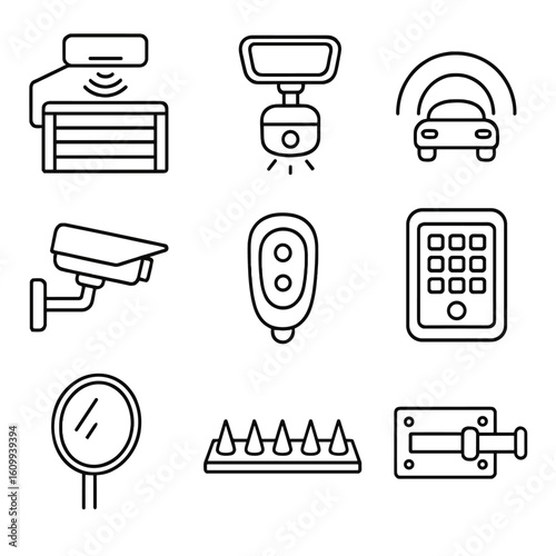 Garage Safety Icons. Line style icons of garage and driveway safety: automatic garage closer, motion floodlight, parking sensor,