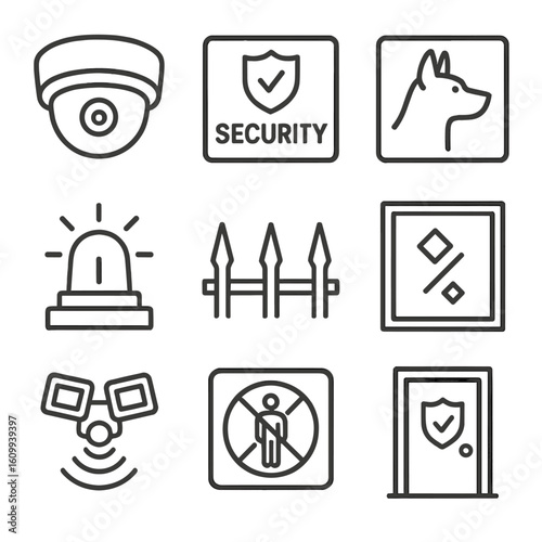 Intruder Deterrent Icons. Line style icons of visual deterrents for intruders: fake camera dome, security company sign, beware of