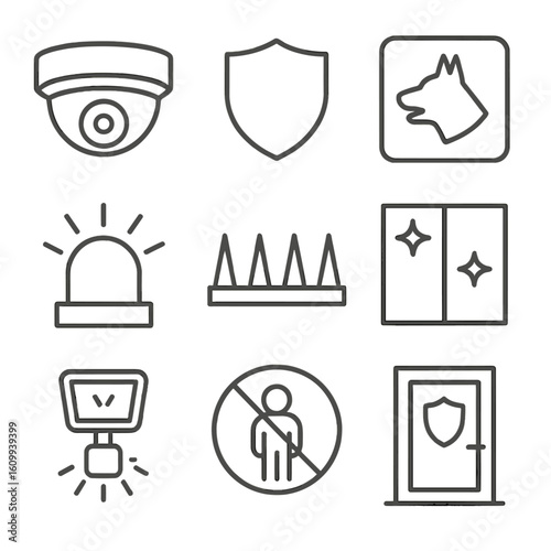 Intruder Deterrent Icons. Line style icons of visual deterrents for intruders: fake camera dome, security company sign, beware of