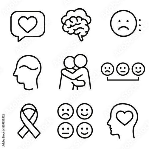 Mental Health Icons. Line style icons of emotional and psychological concepts: heart in speech bubble, brain with cloud, sad face