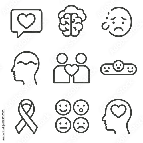 Mental Health Icons. Line style icons of emotional and psychological concepts: heart in speech bubble, brain with cloud, sad face