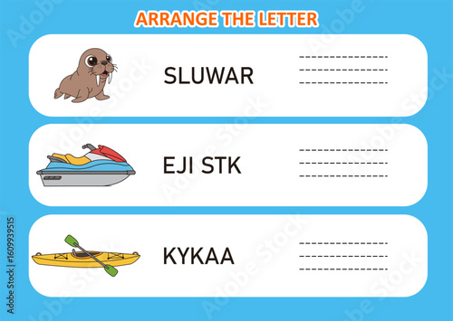 arrange the letter in order. worksheet  walrus jet ski kayak for kids