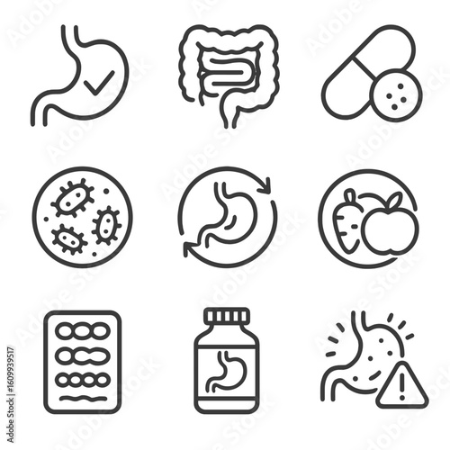 Digestive Health Icons. Line style icons of digestive health: stomach with checkmark, intestines line icon, probiotic capsule, gut