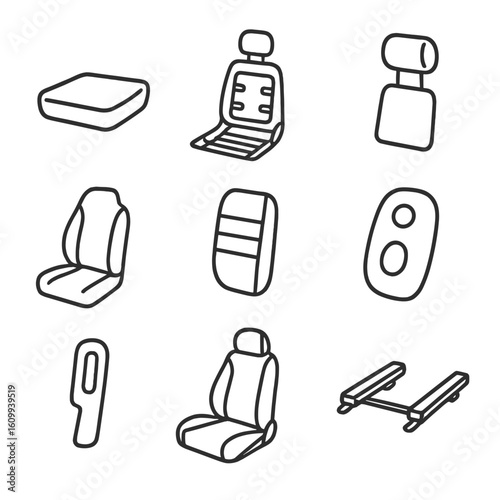Car Seat Components. Line style icons of standard car seat components: seat cushion base, seat backrest frame, adjustable headrest