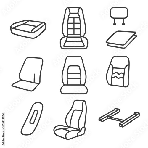Car Seat Components. Line style icons of standard car seat components: seat cushion base, seat backrest frame, adjustable headrest