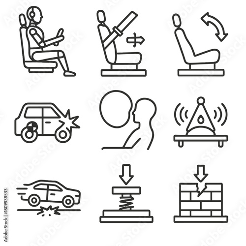 Safety Testing Icons. Line style icons of safety testing and validation: crash test dummy in seat, seatbelt pull test, recline