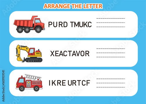 arrange the letter in order. worksheet dump truck excavator fire truck for kids