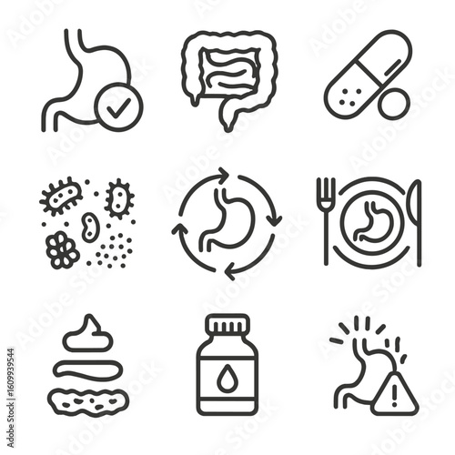 Digestive Health Icons. Line style icons of digestive health: stomach with checkmark, intestines line icon, probiotic capsule, gut