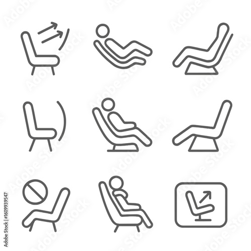 Reclining Seat Icons. Line style icons of reclining seat layouts: multi-angle recline arrows, zero-gravity position icon, lounge