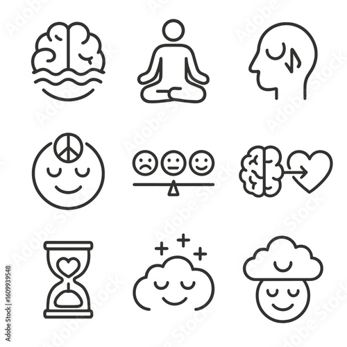 Mental Wellness Icons. Line style icons of mental wellness and balance: brain with calm waves, meditation posture, breathing