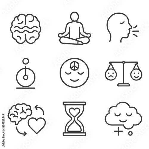 Mental Wellness Icons. Line style icons of mental wellness and balance: brain with calm waves, meditation posture, breathing