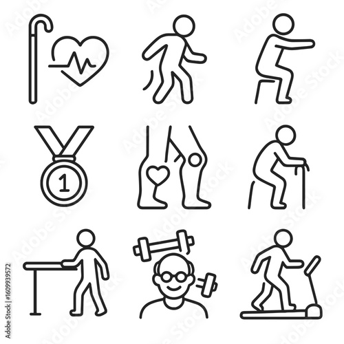 Senior Fitness Icons. Line style icons of fitness for seniors: walking stick with heartbeat, low-impact figure, senior yoga chair