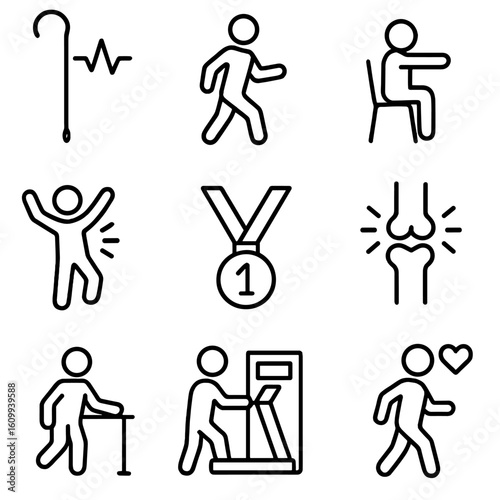 Senior Fitness Icons. Line style icons of fitness for seniors: walking stick with heartbeat, low-impact figure, senior yoga chair