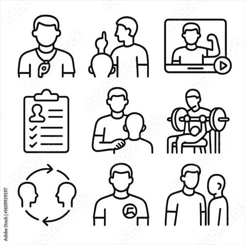 Personal Training Icons. Line style icons of personal trainers and coaching: coach with whistle, trainer giving instructions,