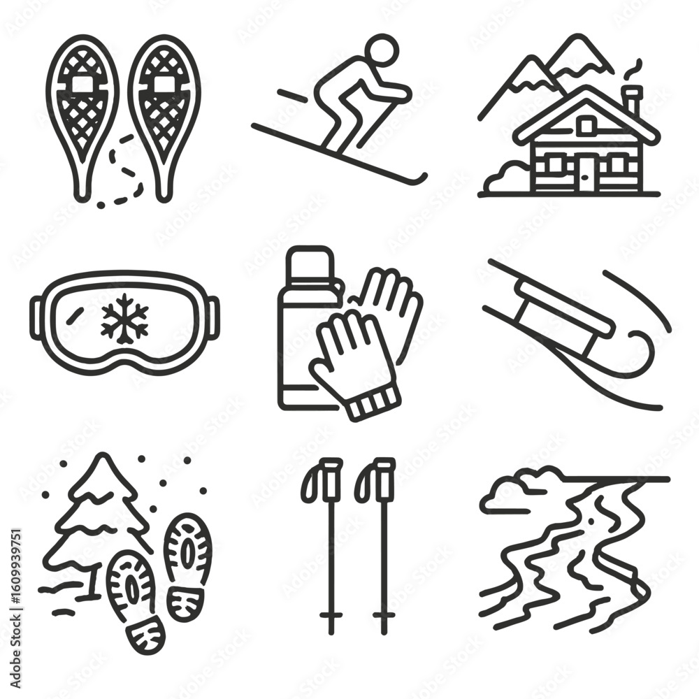 Obraz premium Winter Activity Icons. Line style icons of snow and winter activities: snowshoes and trail, skier on slope, mountain lodge icon,