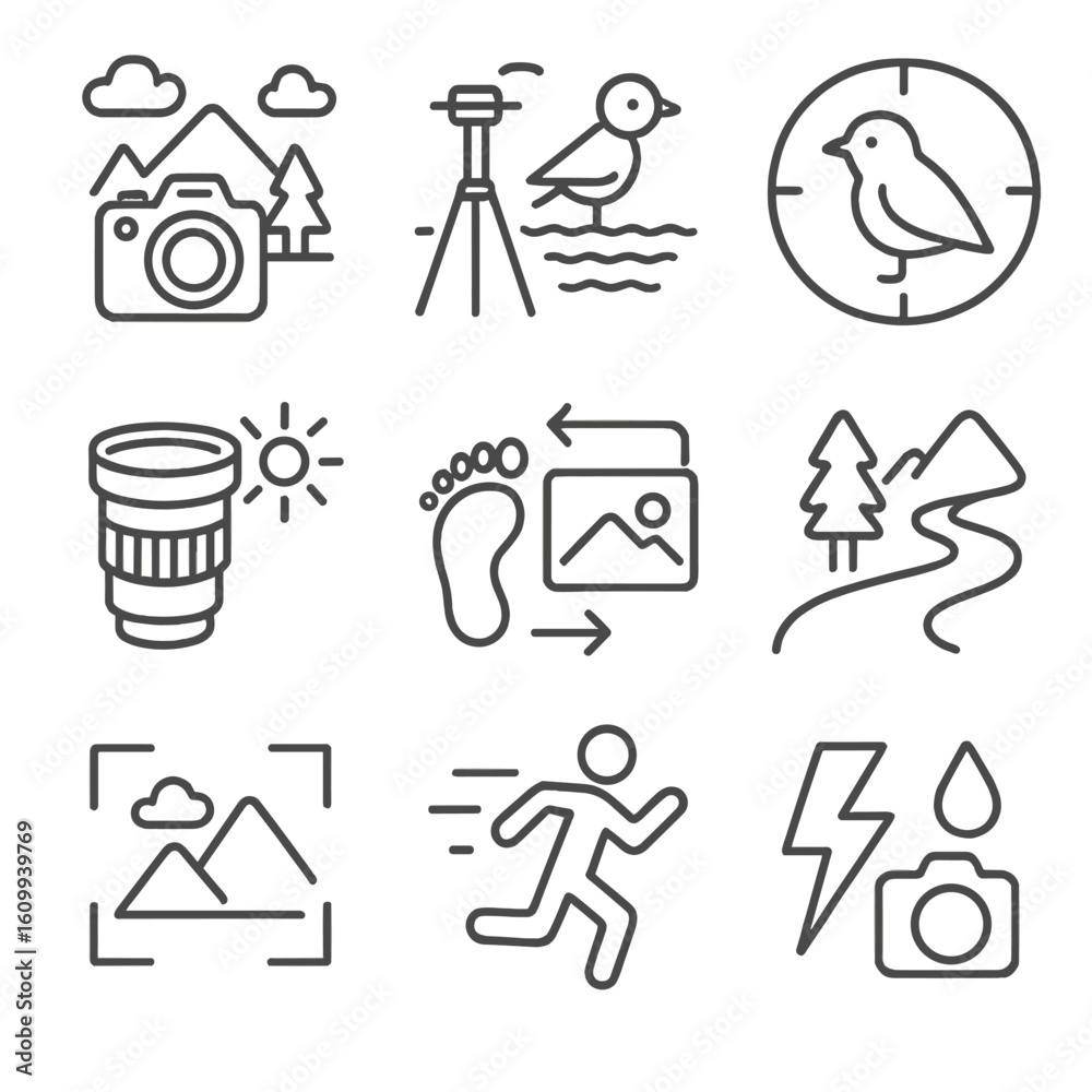 Fototapeta premium Outdoor Photography Icons. Line style icons of outdoor photography: DSLR with nature background, tripod and lake, bird in focus