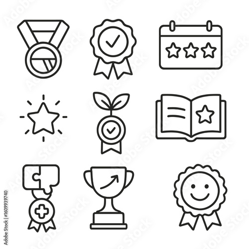 Progress Badges Icons. Line style icons of progress and participation badges: progress bar medal, effort ribbon icon, calendar