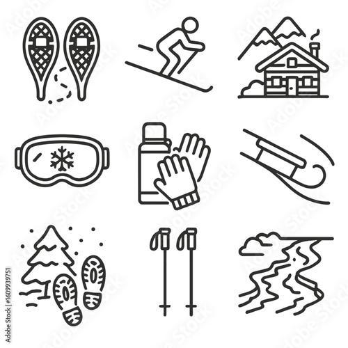 Winter Activity Icons. Line style icons of snow and winter activities: snowshoes and trail, skier on slope, mountain lodge icon,