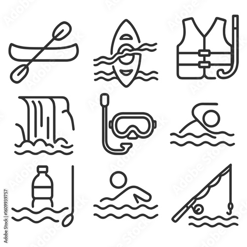 Water Adventure Icons. Line style icons of water-based outdoor adventures: canoe with paddle, kayak on river, life vest icon,
