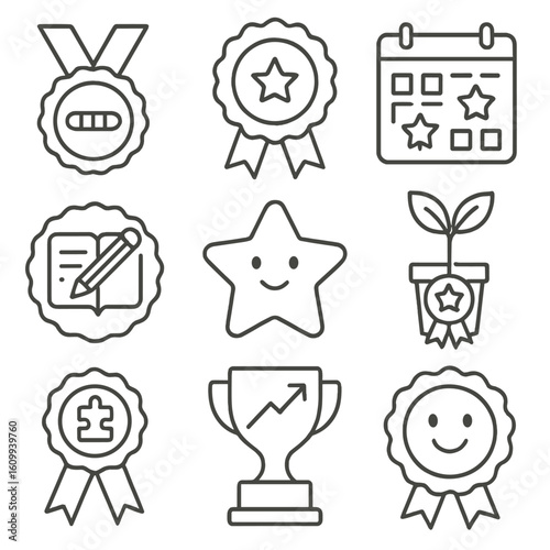 Progress Badges Icons. Line style icons of progress and participation badges: progress bar medal, effort ribbon icon, calendar