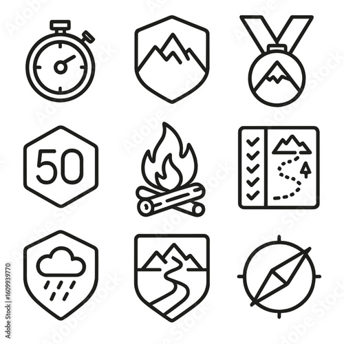 Adventure Icon Collection. Line style icons of outdoor adventure challenges: trail run timer, badge with mountain, elevation gain
