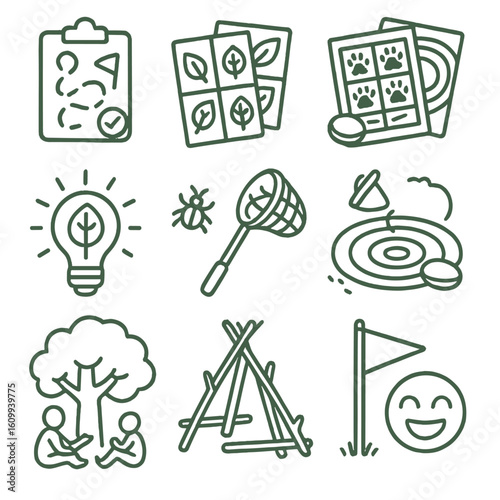 Nature Game Icons. Line style icons of nature-based games and fun: trail scavenger hunt, leaf matching game, animal track bingo,