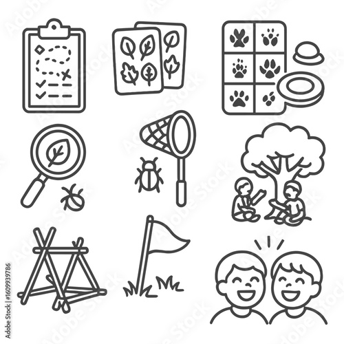 Nature Game Icons. Line style icons of nature-based games and fun: trail scavenger hunt, leaf matching game, animal track bingo,